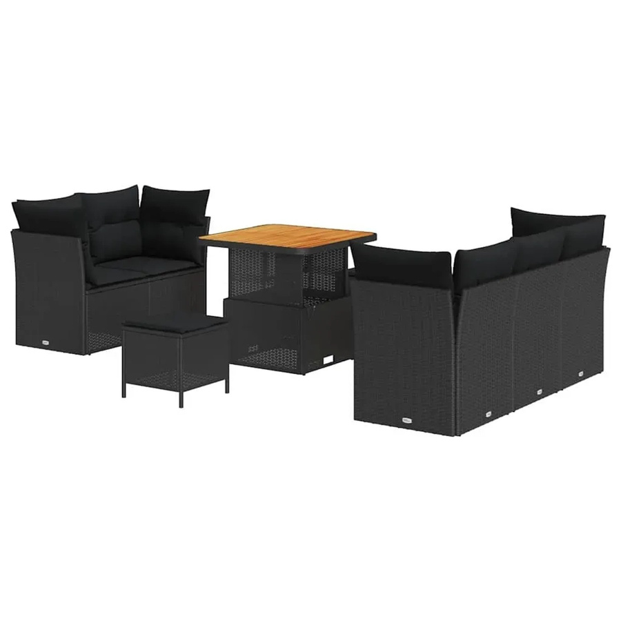 vidaXL Garten-Sofa-Set 8-teilig in Schwarz aus Poly Rattan und Akazienholz mit Tisch und Kissen in U-Form - Bild 2