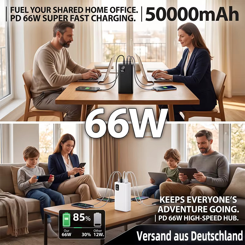 Hinne Hochleistungs-Powerbank mit 50000mAh und 66W Schnellladung, Tragbares Ladegerät mit LED-Digitalanzeige für iOS und Android, verfügbar in Schwarz oder Weiß - Bild 7