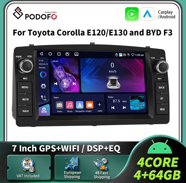Podofo Carplay Android Autoradio mit GPS für Toyota Corolla E120 2000-2007, E130 2004-2007 und BYD F3 2006-2013 in Schwarz - Bild 1