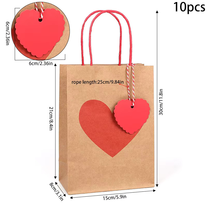 10 Stück herzförmige Geschenktüten aus Kraftpapier in Braun mit rotem Herz von ZQNYCY für Valentinstag, Hochzeit und Party - Bild 2