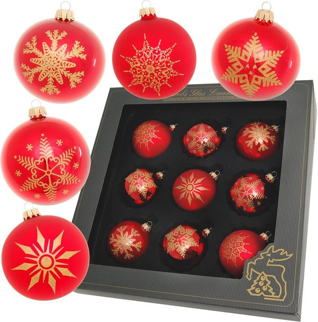 Krebs Glas Lauscha GmbH Weihnachtskugeln aus Glas mit Schneeflockendekor, Rot, 9 Stück, Durchmesser: 8 cm - Bild 1
