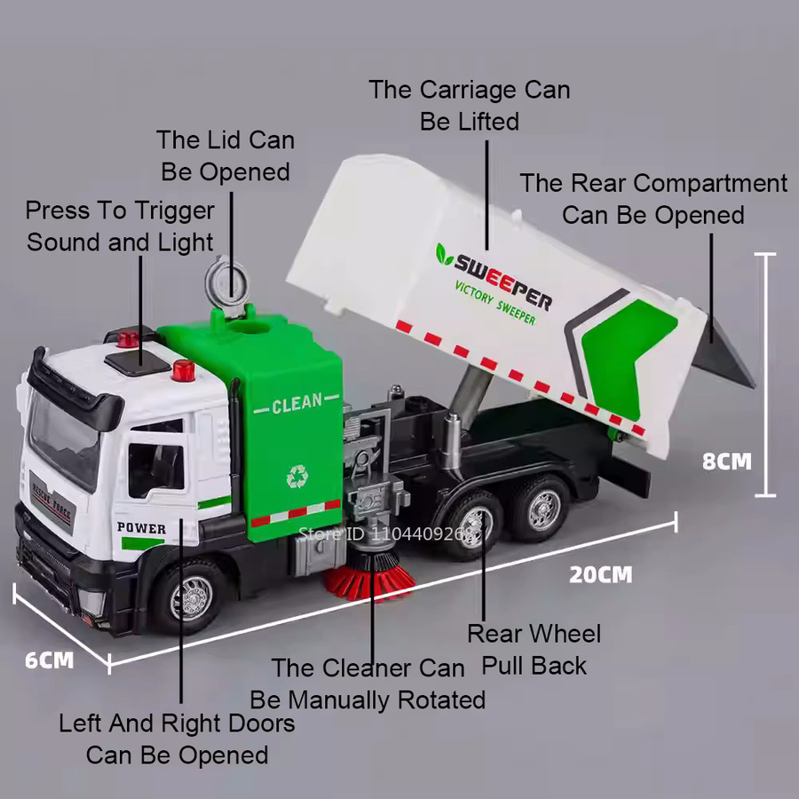 MAKEDA City Sweeper Muck Transport Truck, Spielzeugauto, Maßstab 1:32, Metall, mit Licht und Sound - Bild 2