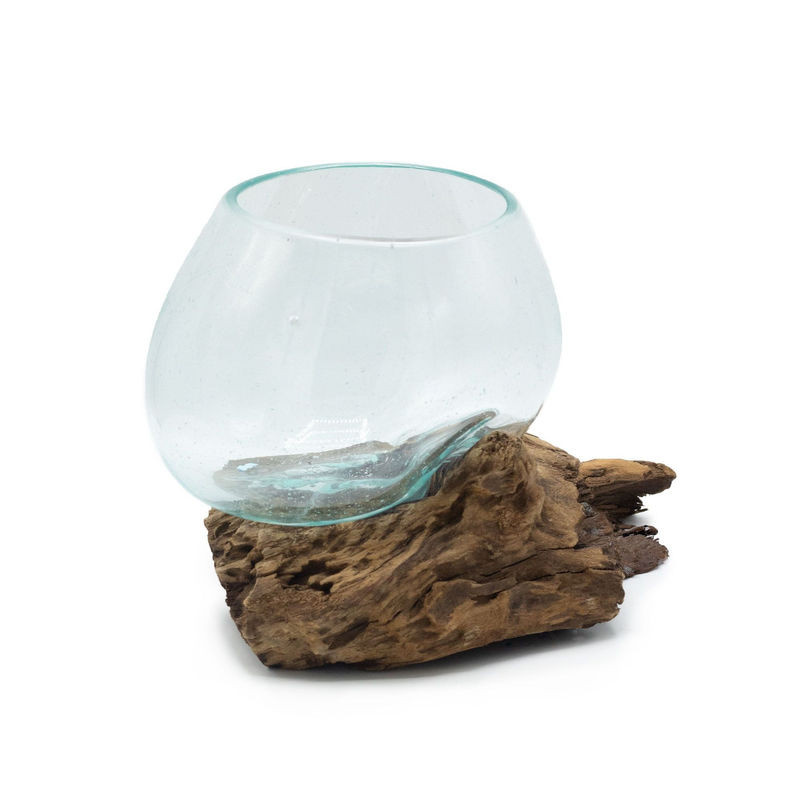 SHAMTAM Geschmolzene Glasschale auf Gamalholz-Sockel in Aquaton, balinesisches Design - Bild 1