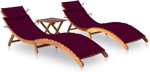 vidaXL Sonnenliegen Set aus 2 Stück mit Tisch und Auflagen aus Akazien-Massivholz in Weinrot - Bild 1