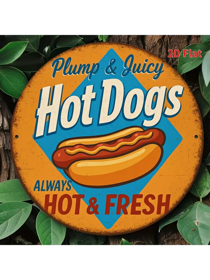 Potdemiel Rundes Aluminium-Wandkunstschild im Vintage-Stil mit Hotdog-Motiv, Durchmesser: 20,32 cm, Mehrfarbig - Bild 4