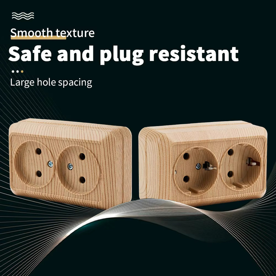 WESA Steckdose aus Holz für die Wandmontage nach EU-Standard mit Kunststoffstecker und Erdungsfarbe, B/T/H: 10,4 x 6,4 cm - Bild 2