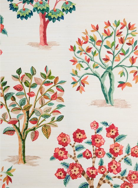 Nina Campbell Carta da parati Fener Grove Tapete mit Baum-Motiv in Coral und Teal aus Naturfasern - Bild 1