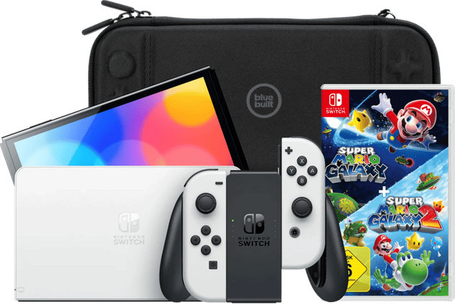 Nintendo Switch OLED Weiß mit Super Mario Galaxy 1+2 und BlueBuilt Schutzhülle - Bild 1