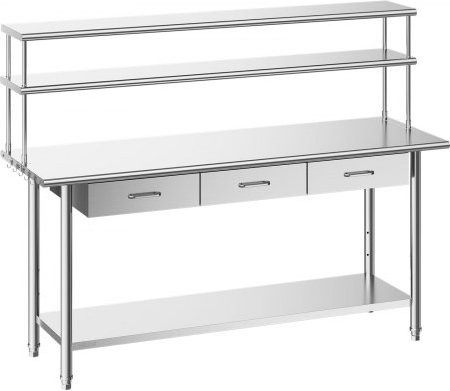 VEVOR Gastronomie Arbeitstisch aus Edelstahl mit 3 Schubladen und Doppelaufsatzbord, Farbe: Silber, B/T/H: 182,9 x 61,0 x 140,0 cm - Bild 1