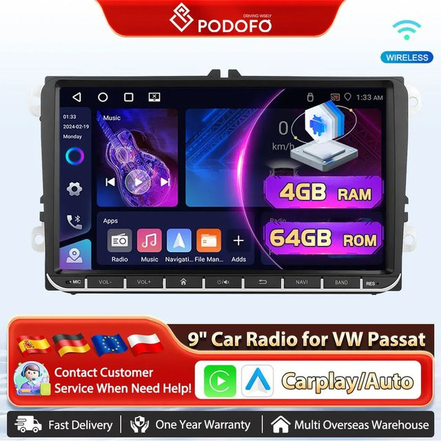 Podofo Android Multimedia Video Stereo Player mit GPS und Carplay in Schwarz für Volkswagen Golf Polo Skoda Rapid Octavia Tiguan Passat Amarok - Bild 1