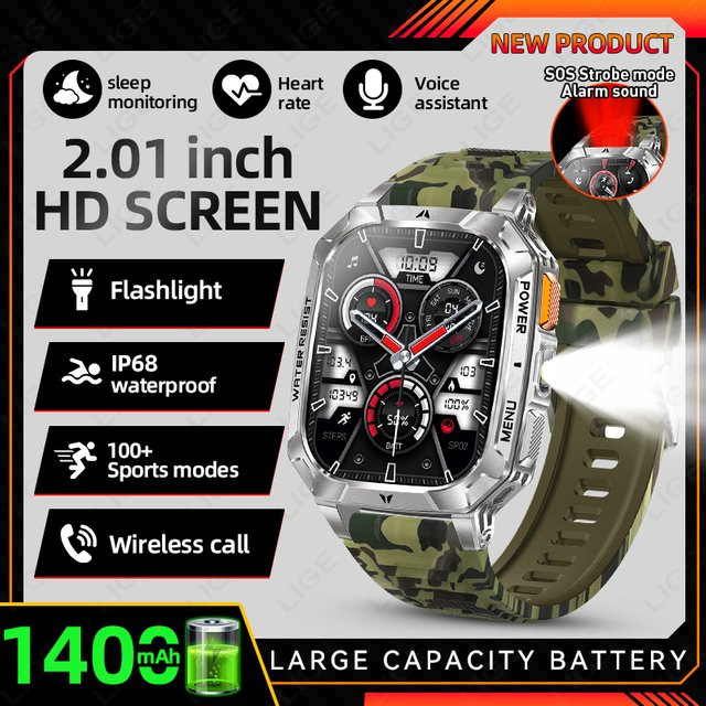 LIGE Militär-Smartwatch mit 2,01 Zoll HD-Bildschirm, 1400 mAh Akku, Bluetooth-Anruf, 3ATM wasserdicht, Farbe: Blau, kompatibel mit Android und iOS - Bild 1