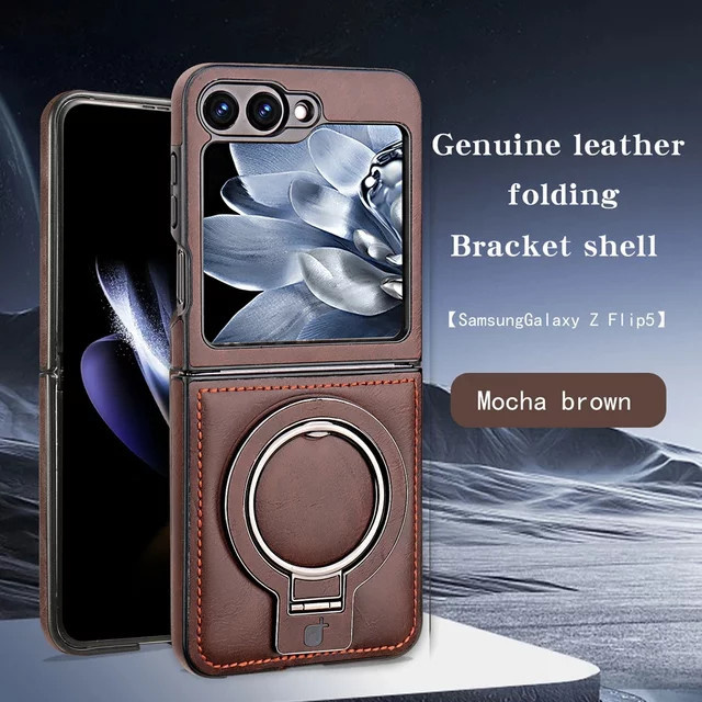 Premium Leder Handyhülle mit magnetischer Falte und Metallringhalterung für Samsung Galaxy Z Flip 7, FE, 6, 5, 4, 3 in Blau - Bild 1