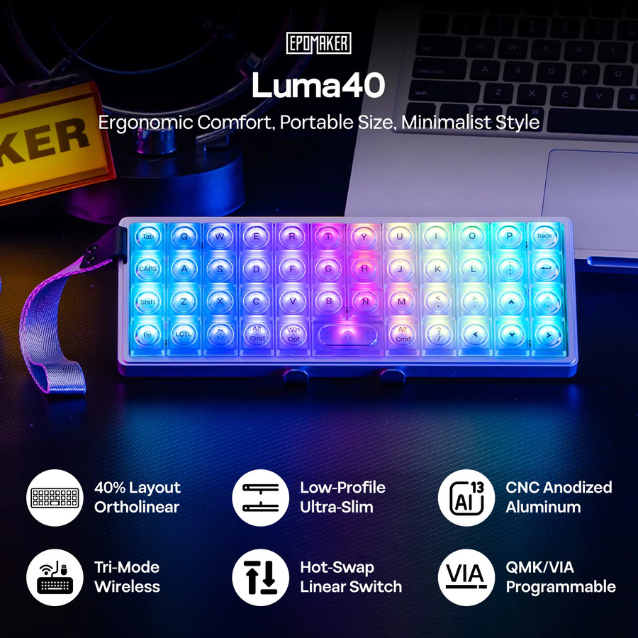 EPOMAKER Luma40 Mechanische Tastatur mit 40% Ortholinearem Layout, CNC Metall Gehäuse, VIA-Unterstützung, Kabellos via Bluetooth und 2,4GHz oder Kabelgebunden, Silber/Weiß - Bild 2