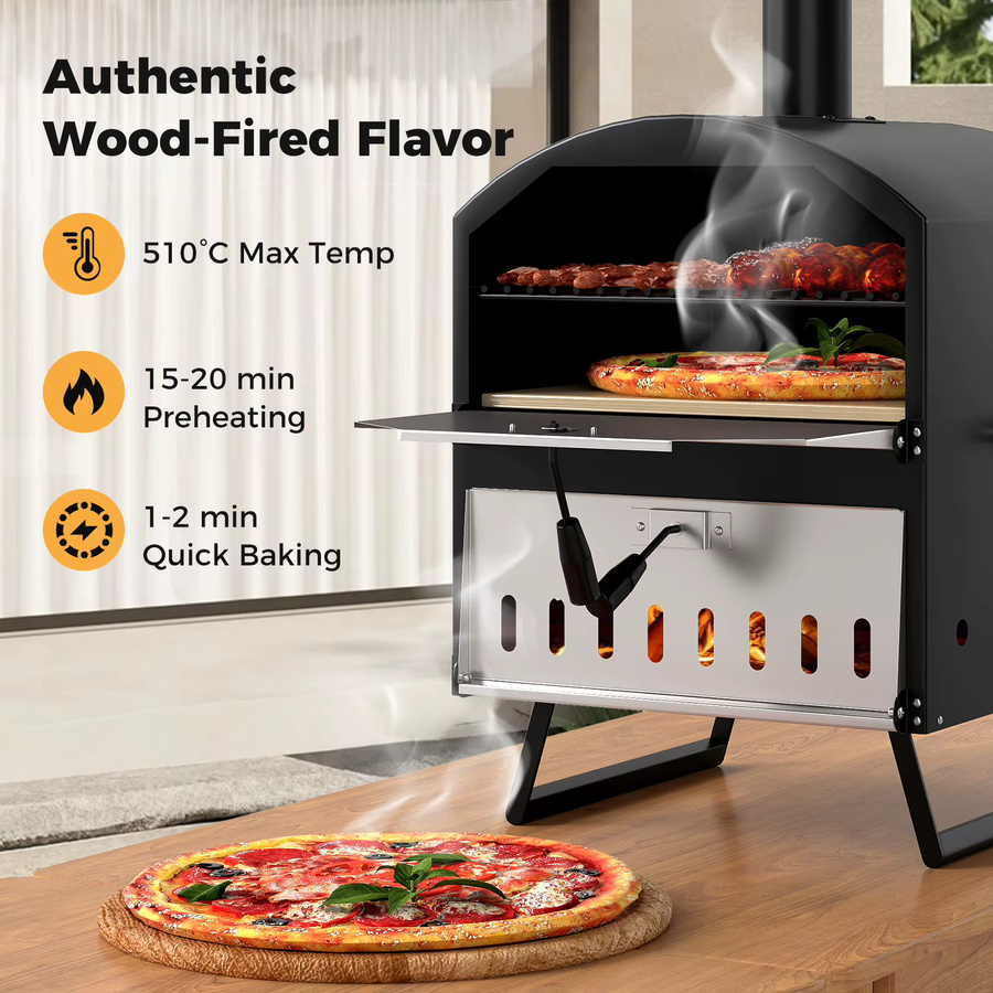 GOFLAME Tragbarer Holzbefeuerter Pizzaofen für den Außenbereich in Schwarz mit Pizzastein, Pizzaschieber, Grillrost und Abdeckung, B/T/H: 83 x 61 x 53 cm - Bild 4