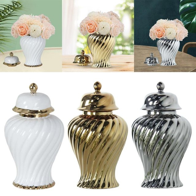 Kesoto Porzellan-Ingwerglas mit Deckel in Gold, florale Keramik-Blumenvase für Tischdekoration und Hochzeit, Höhe: 21,0 cm, Breite: 12,0 cm - Bild 1