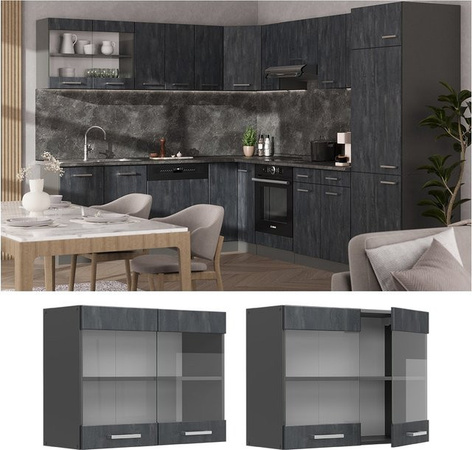 Vicco R-Line Küchen-Hängeglasschrank mit Glastüren in Schwarz Anthrazit Beton, B/T/H: 80 x 31 x 60 cm