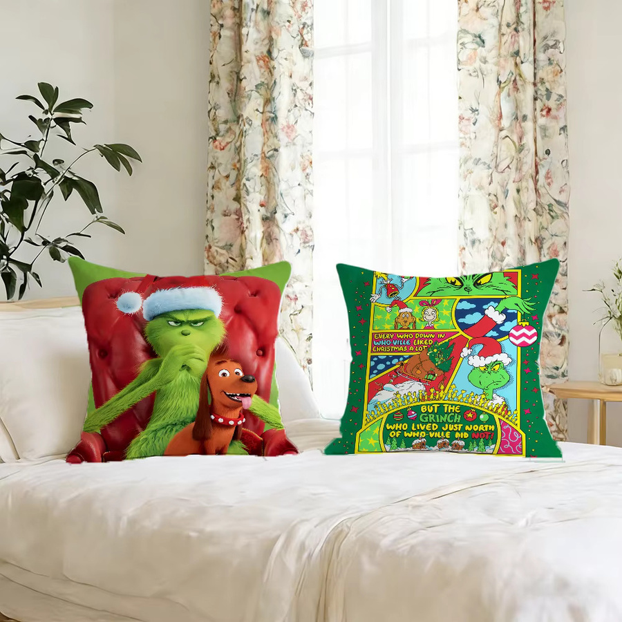 Niedliche Grinch Kissenhülle mit Cartoon-Print für Sofa und Dekoration, quadratisch, mehrfarbig - Bild 2
