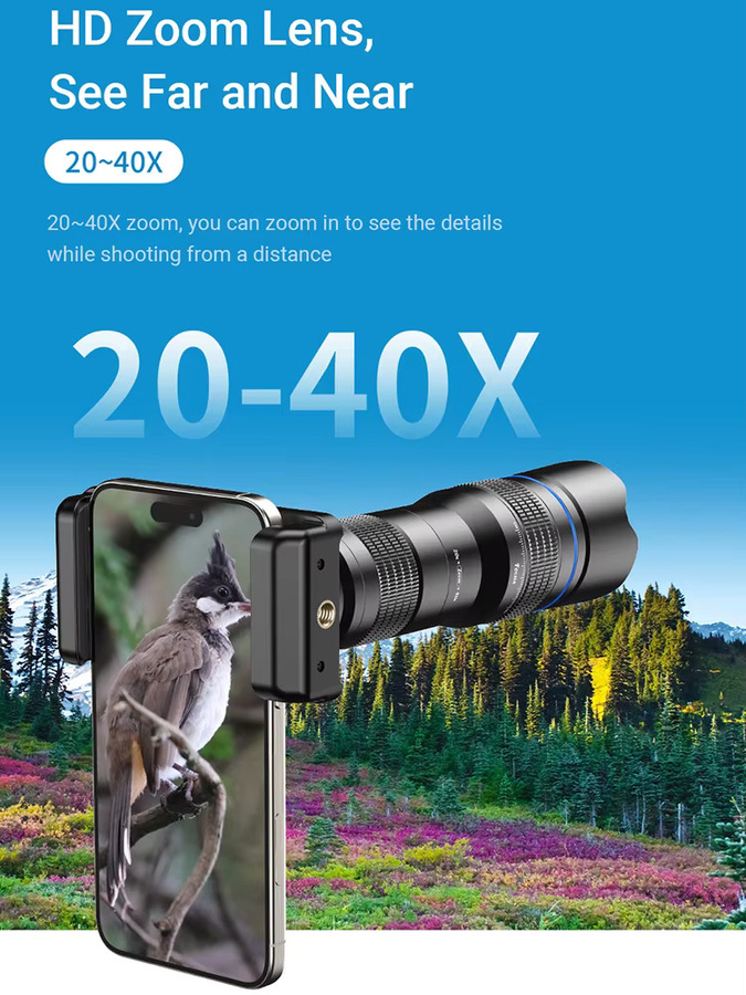 APEXEL HD Teleobjektiv mit 20x-40x Zoom für Smartphones, kompatibel mit Samsung, iPhone und Xiaomi, Schwarz - Bild 6