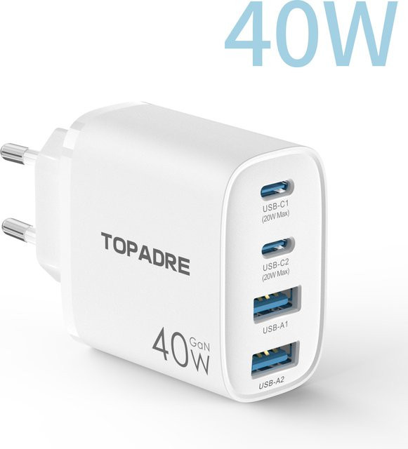 TOPADRE USB-C Schnellladegerät 40 W mit 4 Ports in Weiß für Smartphone, iPad und Samsung - Bild 1