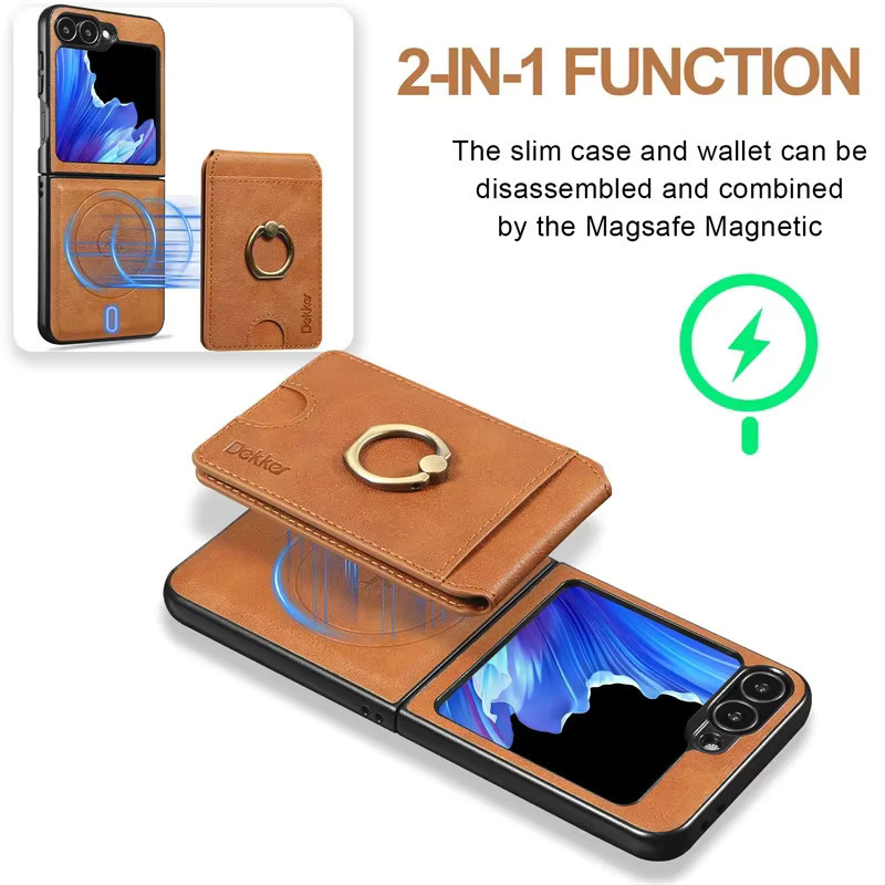 MagSafe magnetische 2-in-1 Flip Leder-Handyhülle mit Brieftasche für Samsung Galaxy Z Flip 6, 5, 4, 3 in Blau oder Braun - Bild 1