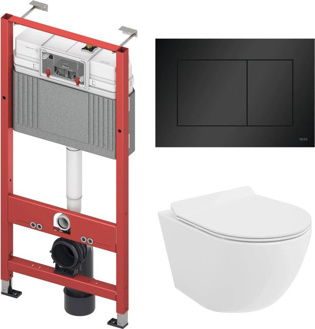 Tece Bad Land WC Set mit Vorwandelement TECEbase, wandhängender ROLO Keramik-Toilette in Weiß, Soft-Close-Funktion und rechteckiger Spültaste in Schwarz - Bild 1