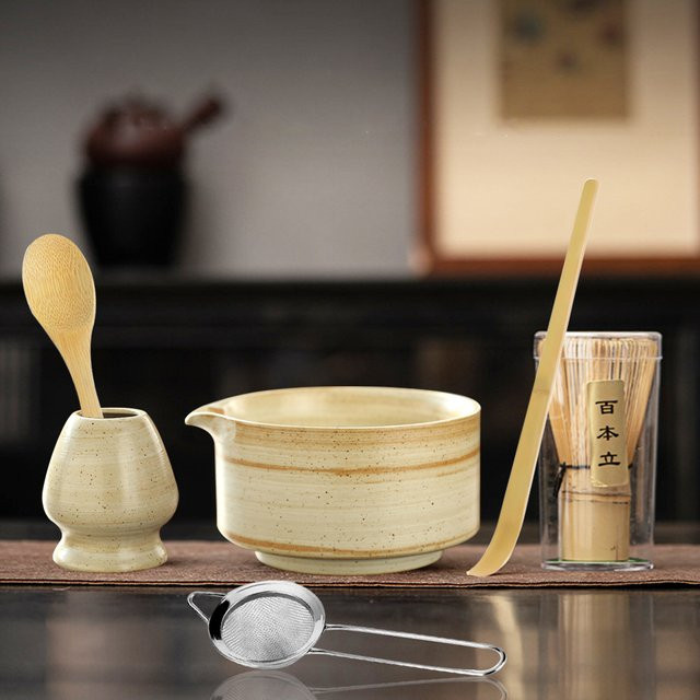 MYVIT 6-teiliges japanisches Matcha Tee-Set aus Bambus in Beige mit Schneebesen und Teelöffel - Bild 1