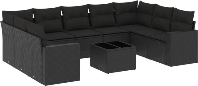 vidaXL 10-teilige Garten-Sofagarnitur aus Poly-Rattan mit Kissen in Schwarz - Bild 1