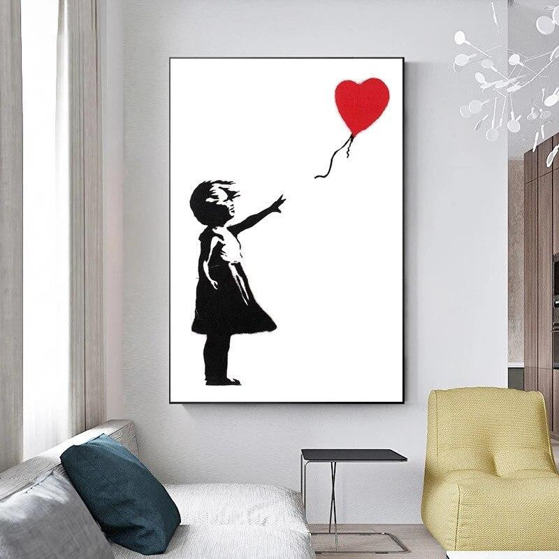 Banksy Graffiti Kunst Leinwand Ballon Mädchen Wandkunst Poster in Rot, Schwarz und Weiß, B: 50 cm, H: 70 cm - Bild 2