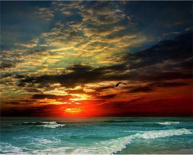 FIYO Diamant-Stickerei Sonnenuntergang am Meer in Braun und Multicolour, B/H: 30 x 20 cm - Bild 1