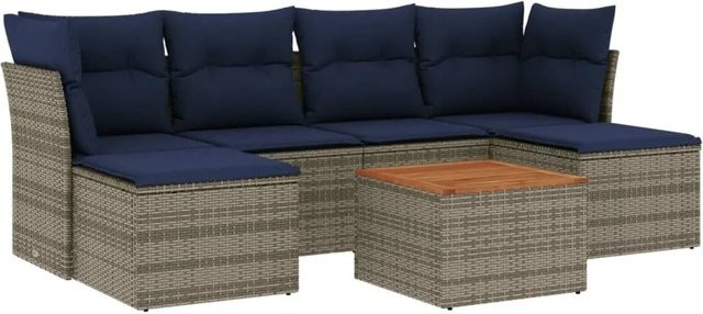 vidaXL 7-tlg. Gartensofa-Set in U-Form aus Polyrattan mit Kissen und Ottoman, Grau/Blau - Bild 1