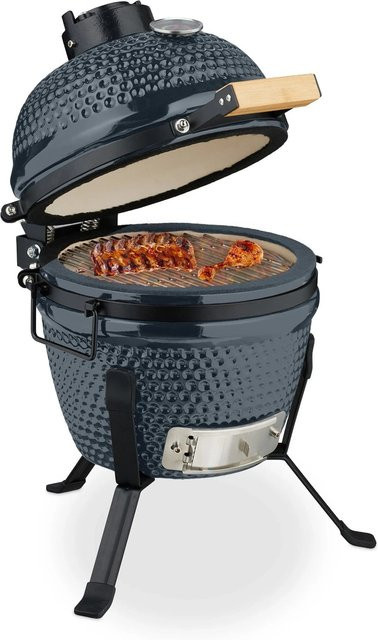 Relaxdays Kamado Kugelgrill aus Keramik in Grau mit Thermometer, B/T/H: 56,5 x 43 x 46 cm - Bild 1