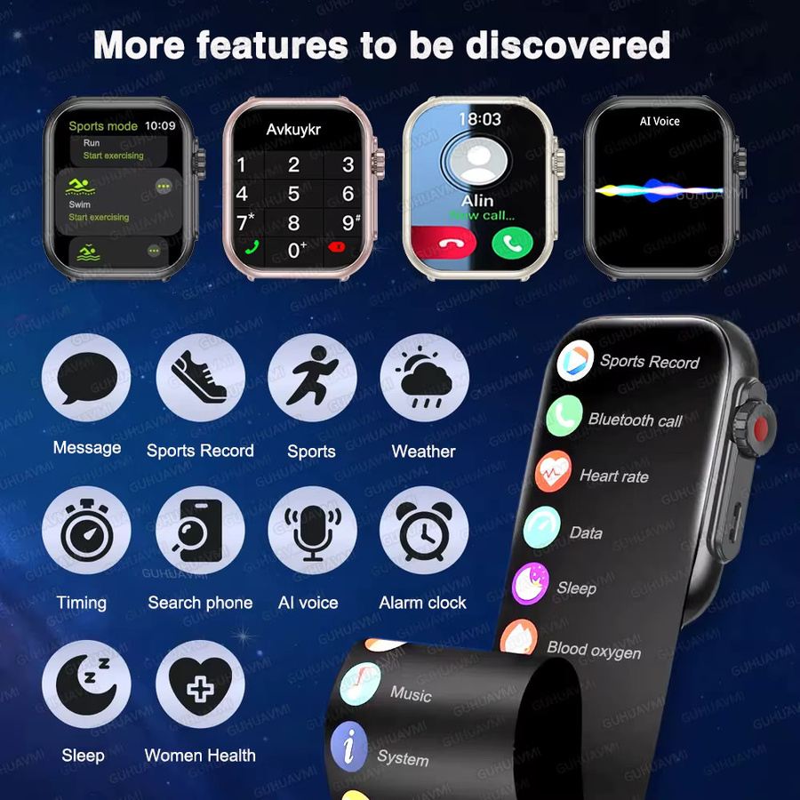 GUHUAVMI Smartwatch für iOS mit AMOLED Display, GPS, Bluetooth Anruf und wasserdichtem Design in Schwarz - Bild 2