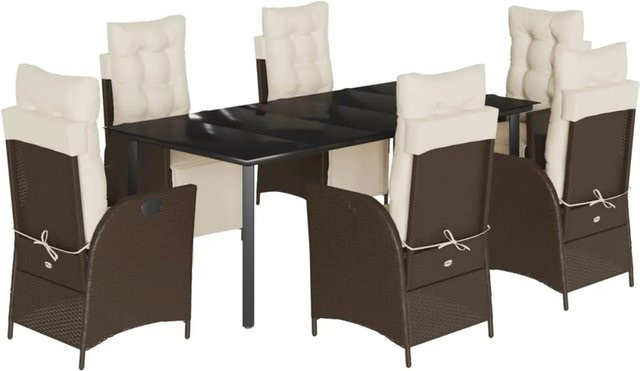 vidaXL 7-teilige Garten-Essgruppe aus braunem Poly Rattan mit Kissen und Glastisch - Bild 1