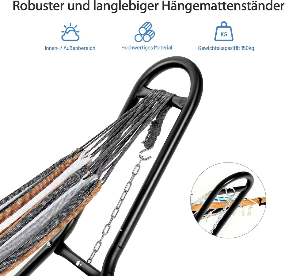 Robuster Hängemattenständer von GOFLAME aus Metall in Schwarz Matt mit Ketten und S-Haken für Garten und Camping - Bild 3