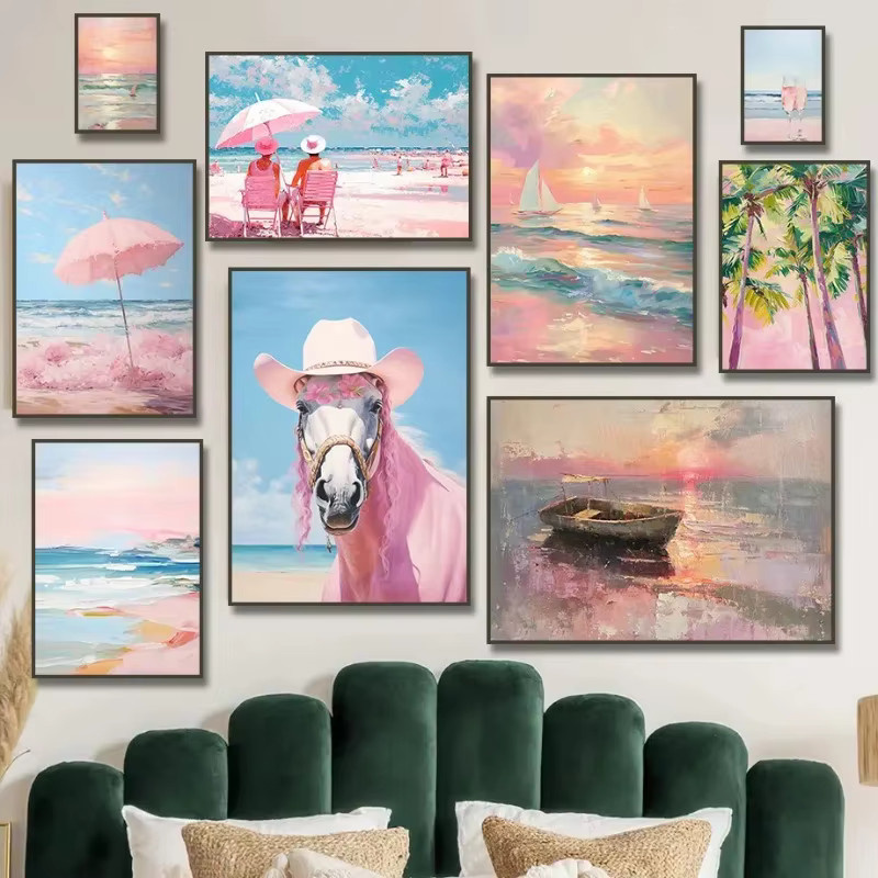 Potdemiel Leinwandmalerei Rosa Pferd an der Küste im Boho-Stil als Wanddeko für dein Zimmer - Bild 2