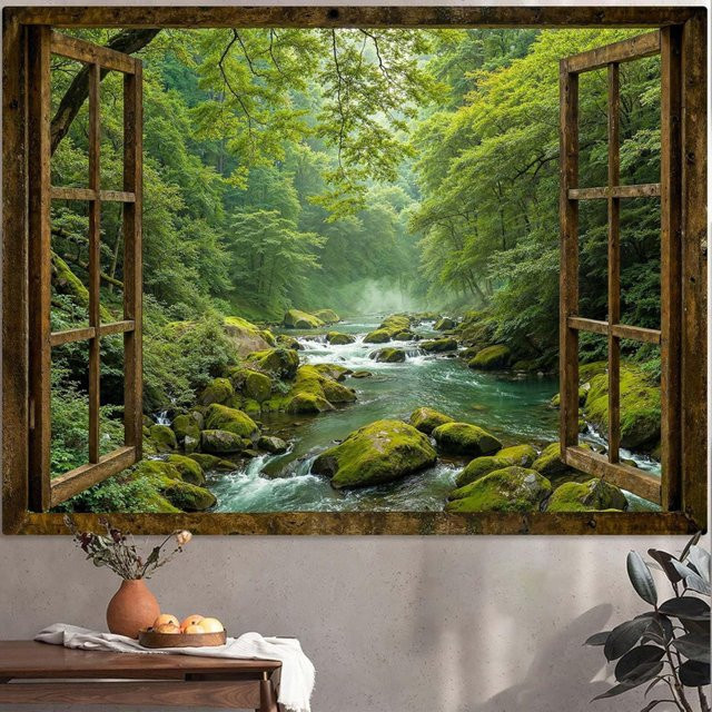 VIKAMA Wandteppich mit Naturmotiv Fensterblick auf grünen Wald in Grün - Bild 1