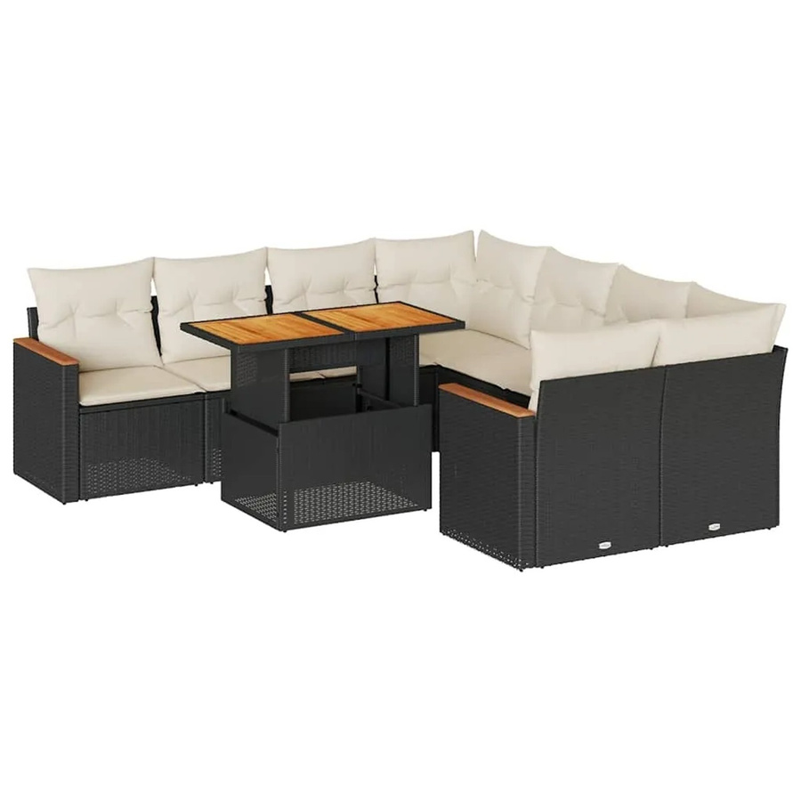 vidaXL 9-teilige Garten-Sofagarnitur aus Poly-Rattan und Akazienholz in Schwarz-Creme mit Kissen - Bild 2