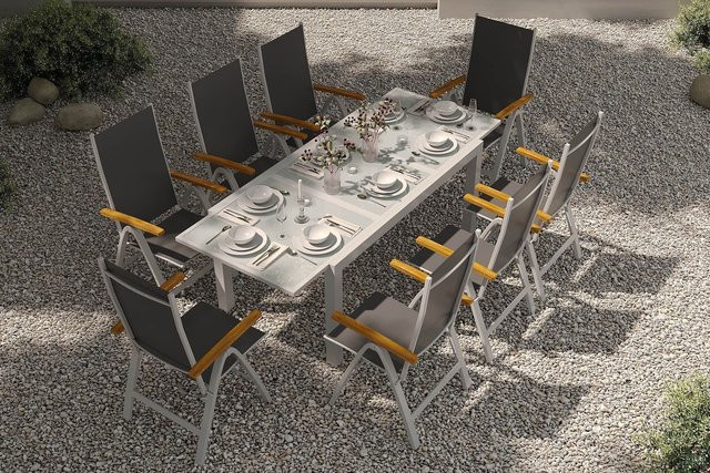 Villana Sylvania Garten-Essgruppe aus Aluminium, Glas und Eukalyptus in Silber/Anthrazit mit Ausziehtisch und 8 Klappstühlen, B/T/H: 160 bis 220 x 90 cm - Bild 1