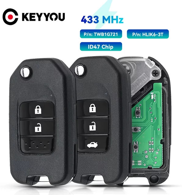 KEYYOU Auto Fernbedienung Schlüssel 433MHz für Honda Accord Civic CRV Jazz XR-V Vezel HR-V FRV mit ID47 Chip TWB1G721 HLIK6-3T in Schwarz - Bild 1