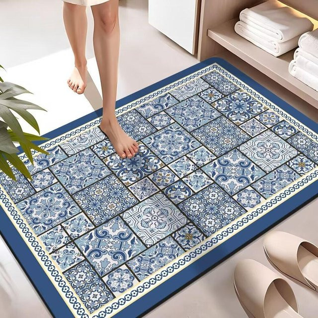 RYBQ Diatomeen-Bodenmatte für das Badezimmer, wasserabsorbierend und rutschfest, Blau/Weiß, B/T: 60 x 40 cm - Bild 1