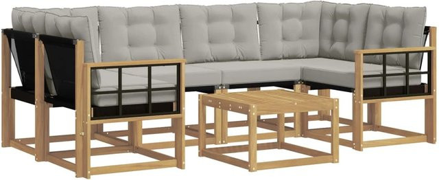 vidaXL Outdoor-Sofagarnitur 7-teilig aus Akazienholz und Textilene in Weiß-Hellgrau mit Kissen und Armlehnen - Bild 1