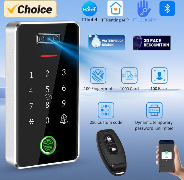 Asia-Teco TTLock App Zugangskontrolle MF03 Gesichtserkennungsgerät mit RFID M1 Karte und Fingerabdruckleser, IP67 Wasserdicht, Metall, Schwarz - Bild 1