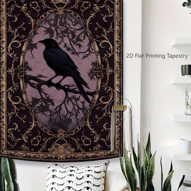 VIKAMA Gothic Crow Wandteppich mit Retro-Dunkeldruck, rechteckiger Textil-Wandteppich mit Vogelmotiv, Breite: 60 cm, Höhe: 40 cm - Bild 1