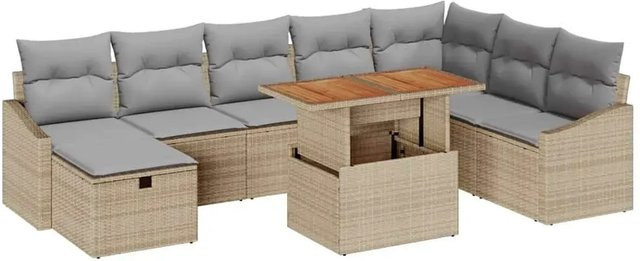 vidaXL Garten-Sofa-Set aus Polyrattan in Beige, 9-teiliges Lounge-Set mit Kissen und integriertem Stauraum für Terrasse und Garten - Bild 1