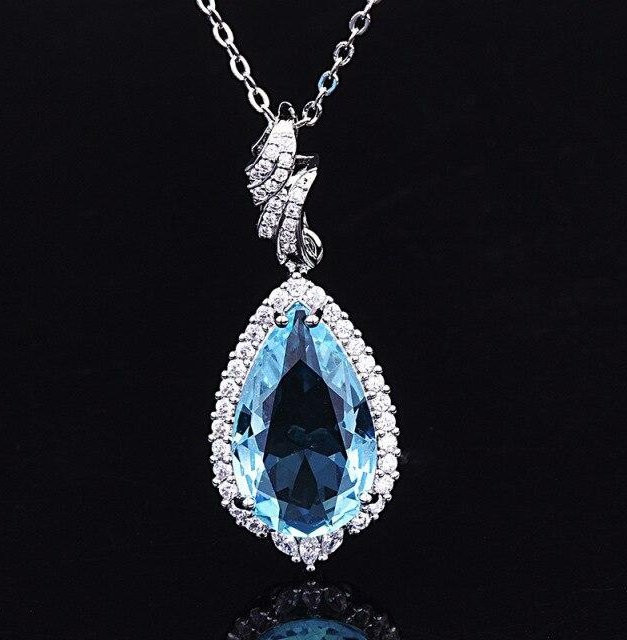 Halskette 925 Silber, Aquamarin, Zirkonia, Damen, Wasser Tropfen Form - Bild 1