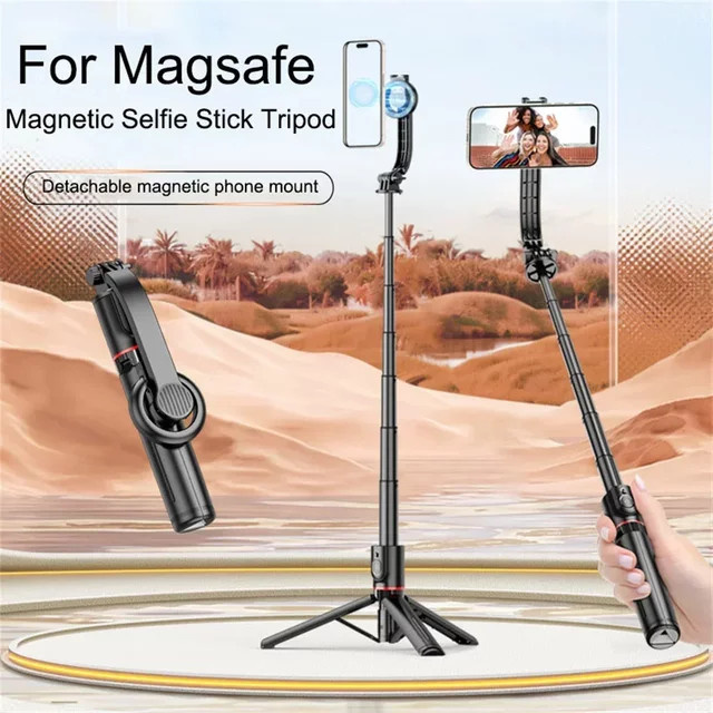 Magnetischer Mini-Selfie-Stick und Stativhalter mit kabelloser Bluetooth-Fernbedienung für MagSafe iPhone und Android, Schwarz, Marke OLPAY - Bild 1