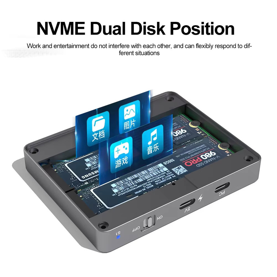 Kebidu Dual-Bay M.2 NVMe SSD-Gehäuse mit USB-C, 10Gbps USB 3.2 Gen2 Dockingstation für NVMe SSD Größe 2280, Grau - Bild 3