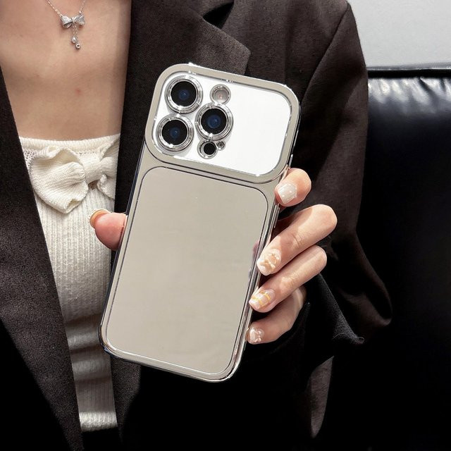 Stoßfeste iPhone Handyhülle mit integriertem Schminkspiegel und großem Fenster in Silber - Bild 1