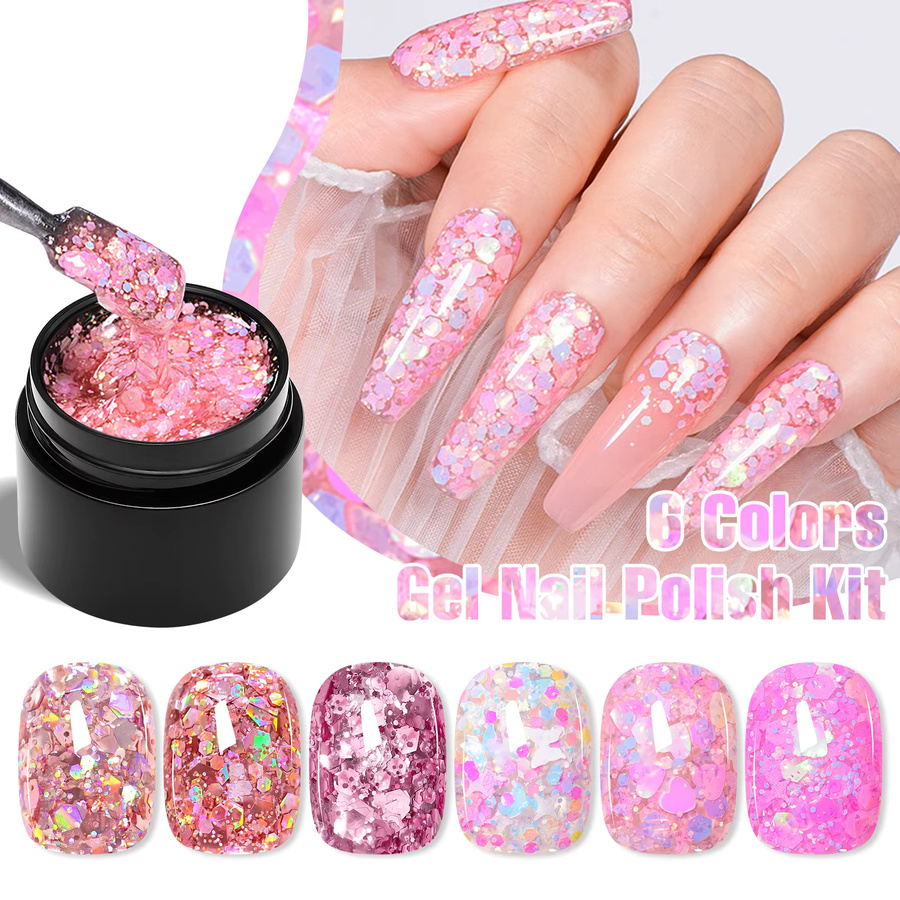 MEET ACROSS Gel Nagellack Set, 7 Teile, Rosa, Schimmernd, 8 ml - Bild 3