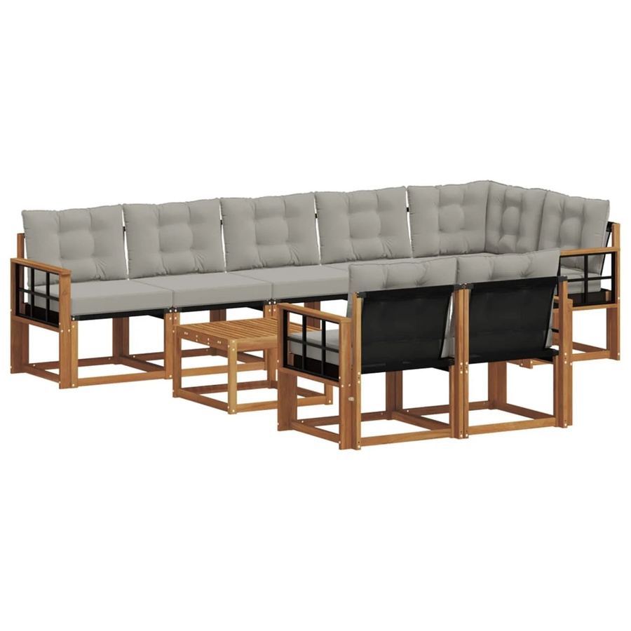 vidaXL Outdoor-Sofagarnitur 9-teilig aus Akazienholz und Textilene in Natur und Grau mit Kissen und Armlehnen - Bild 2